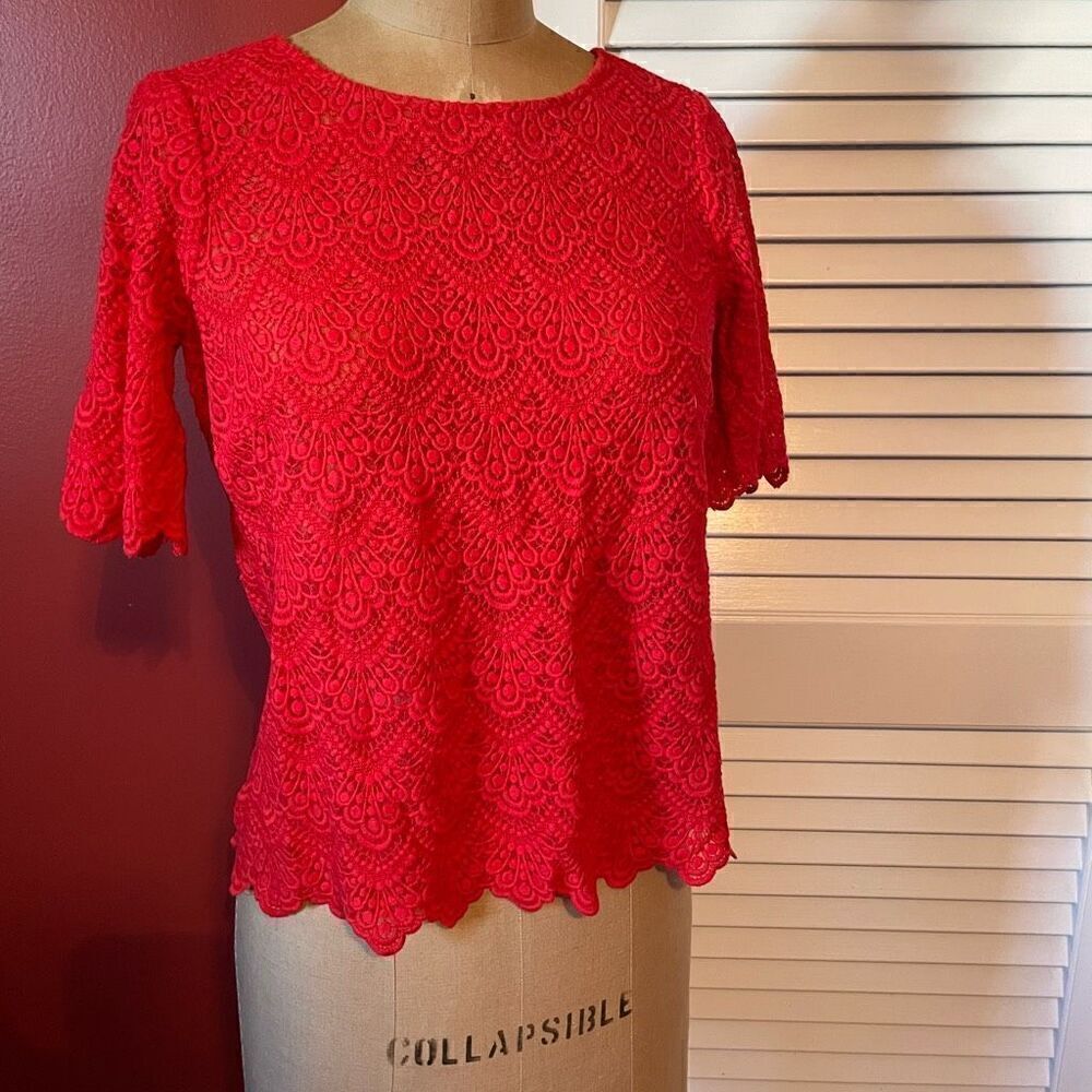MADEWELL | BROADWAY & BROOME | red lacy short sleeve blouse XS